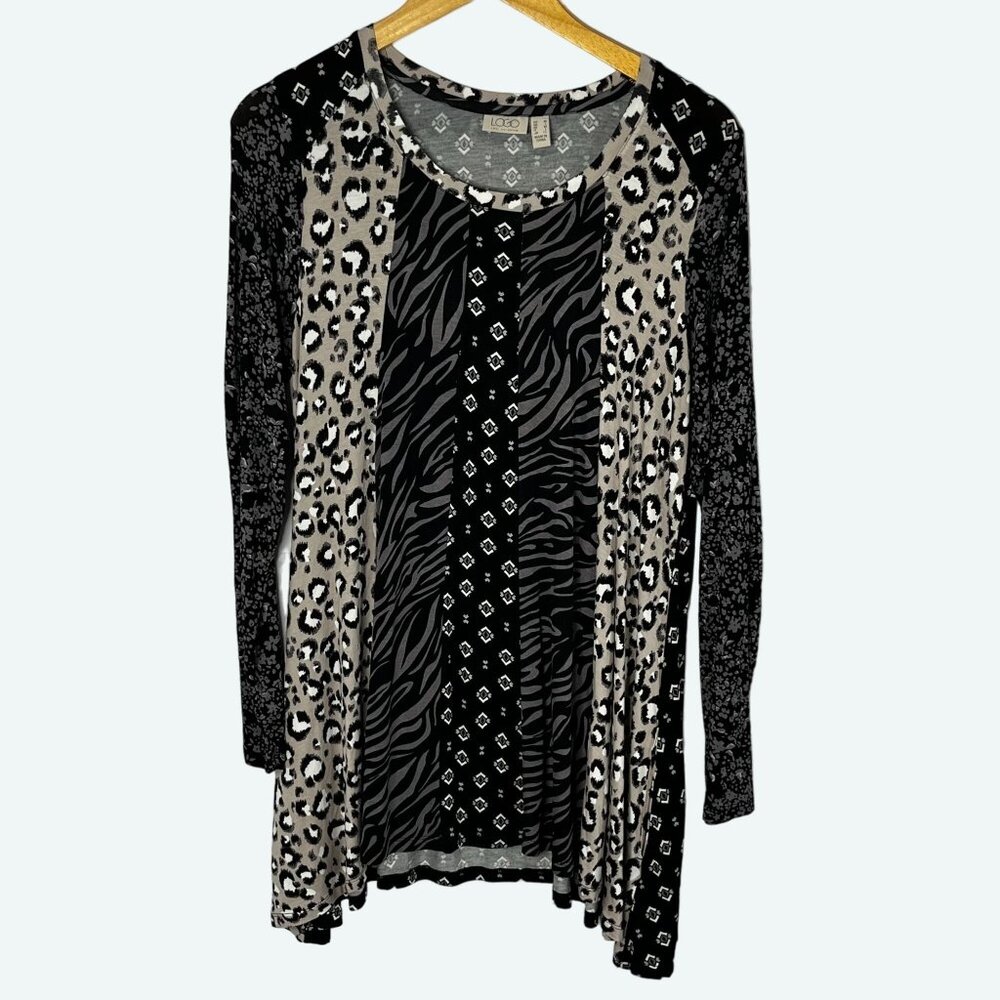 LOGO Lori Goldstein Long Sleeve Mixed Print Black Knit‎ Tunic Blouse Size Medium